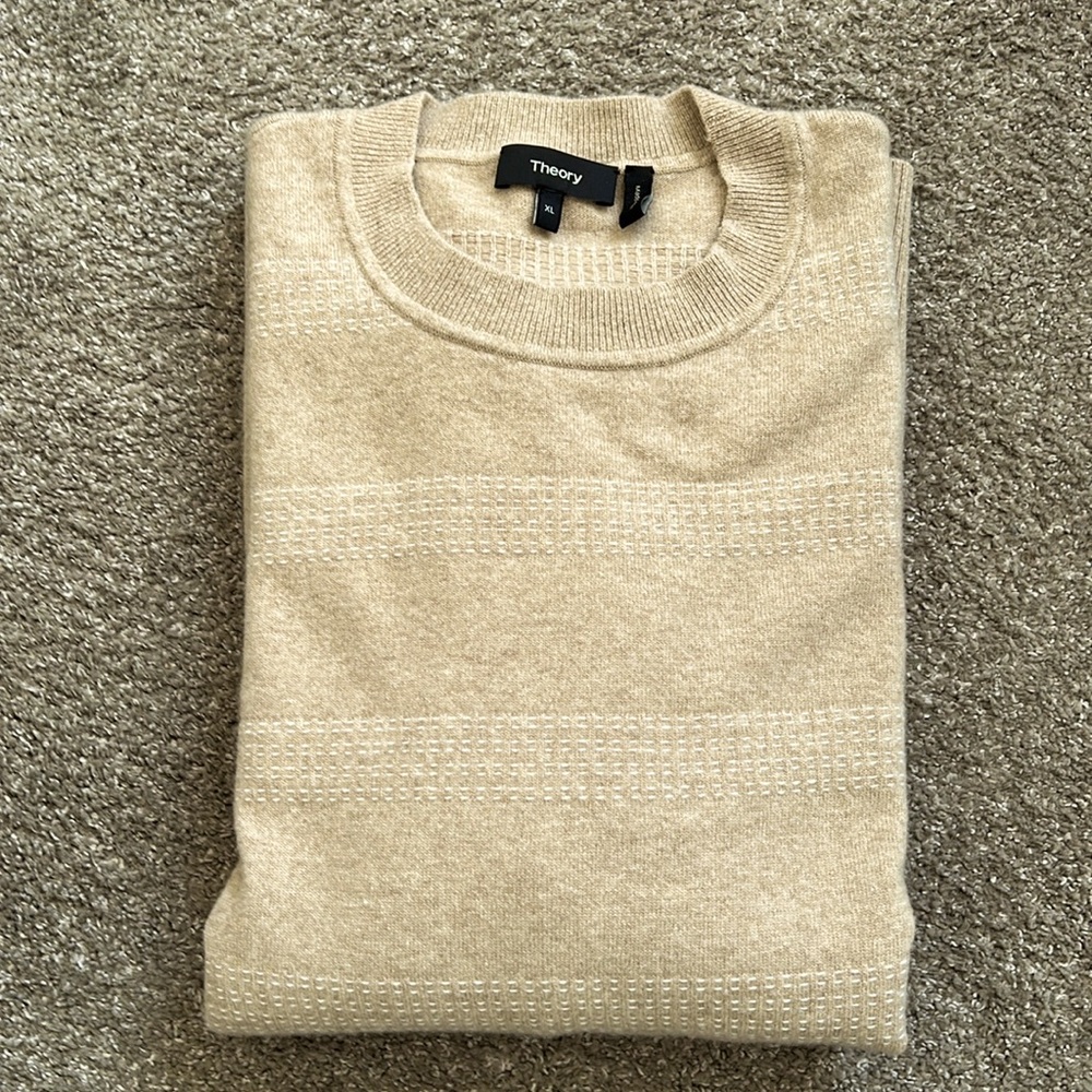 Men’s Theory tan camel stripe crewneck sweater wool and cashmere XL